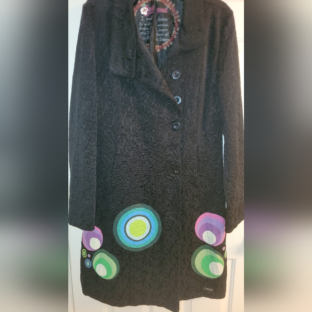 Desigual Women's Elisabeth Black Jacquard Midi Pea Coat Size 44 M/L